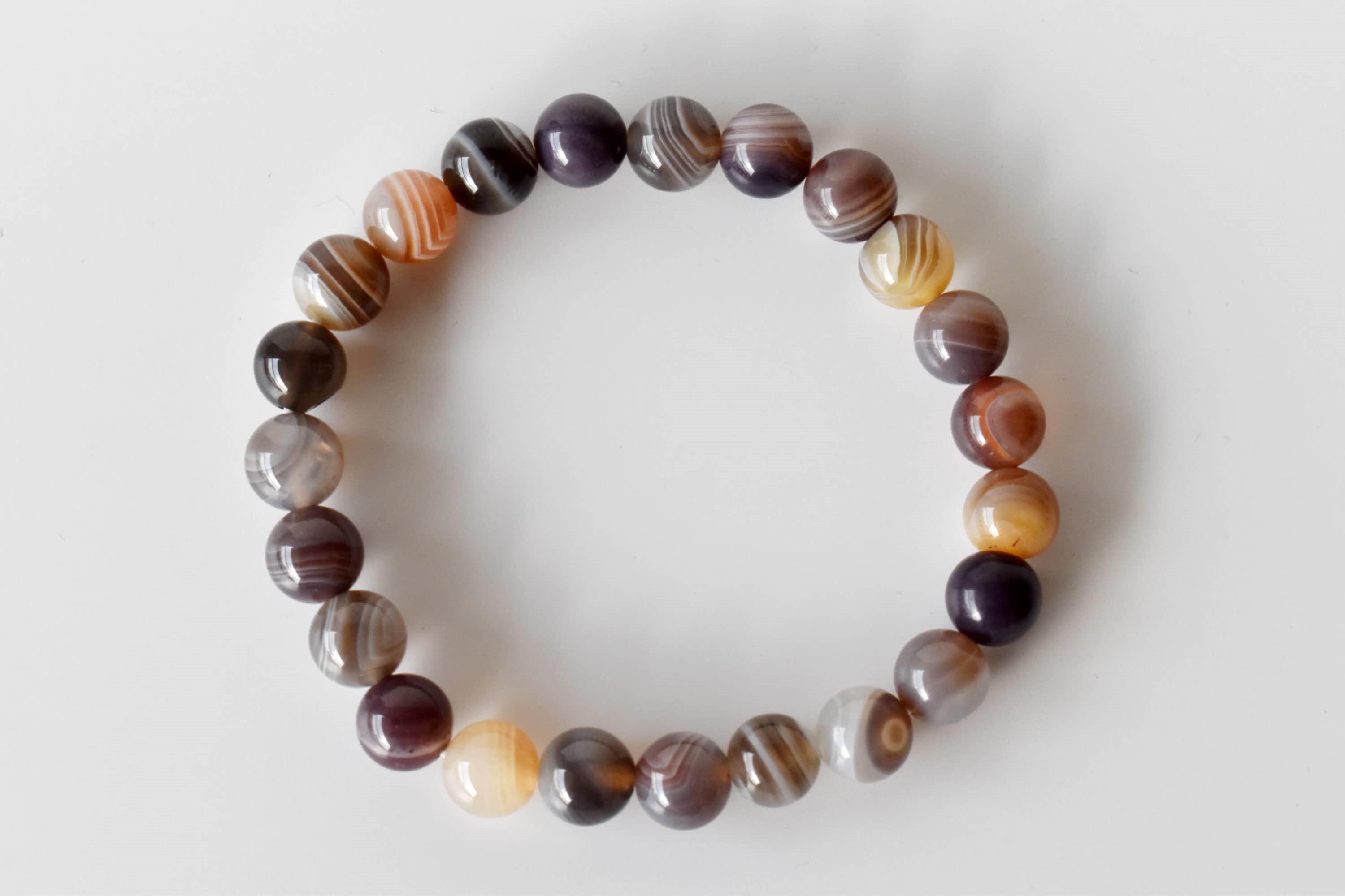 Botswana Agate Bracelet - Natural Gemstone, 7-7.5 Inches, Brown Round Beads | 22 Grams, Plain Design, Stylish Beaded Jewelry