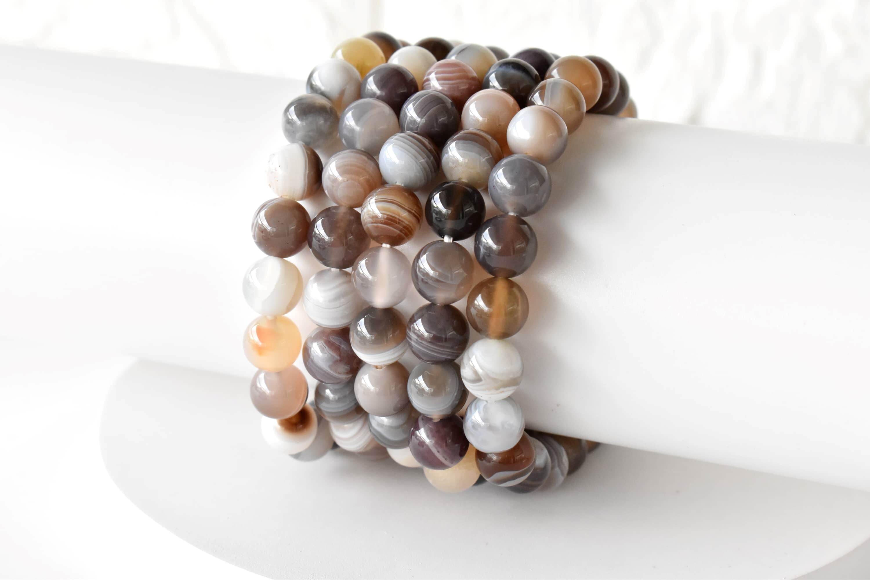 Botswana Agate Bracelet - Natural Gemstone, 7-7.5 Inches, Brown Round Beads | 22 Grams, Plain Design, Stylish Beaded Jewelry