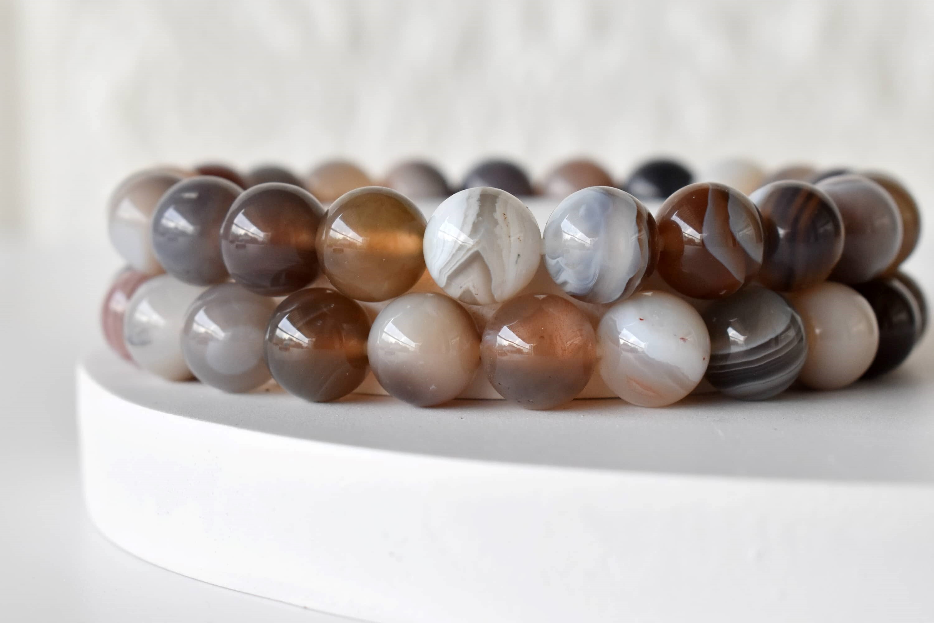 Botswana Agate Bracelet - Natural Gemstone, 7-7.5 Inches, Brown Round Beads | 22 Grams, Plain Design, Stylish Beaded Jewelry
