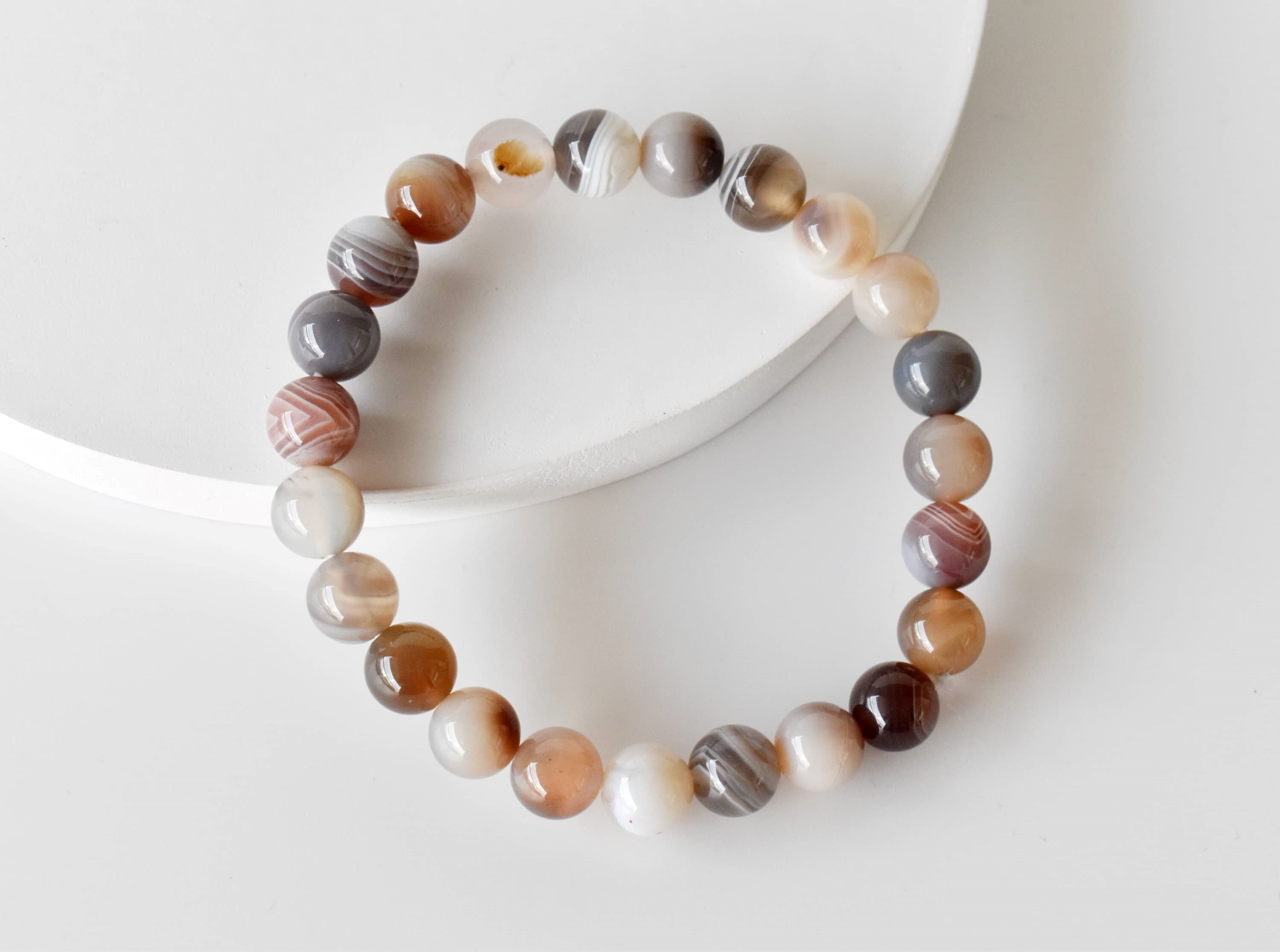 Botswana Agate Bracelet - Natural Gemstone, 7-7.5 Inches, Brown Round Beads | 22 Grams, Plain Design, Stylish Beaded Jewelry