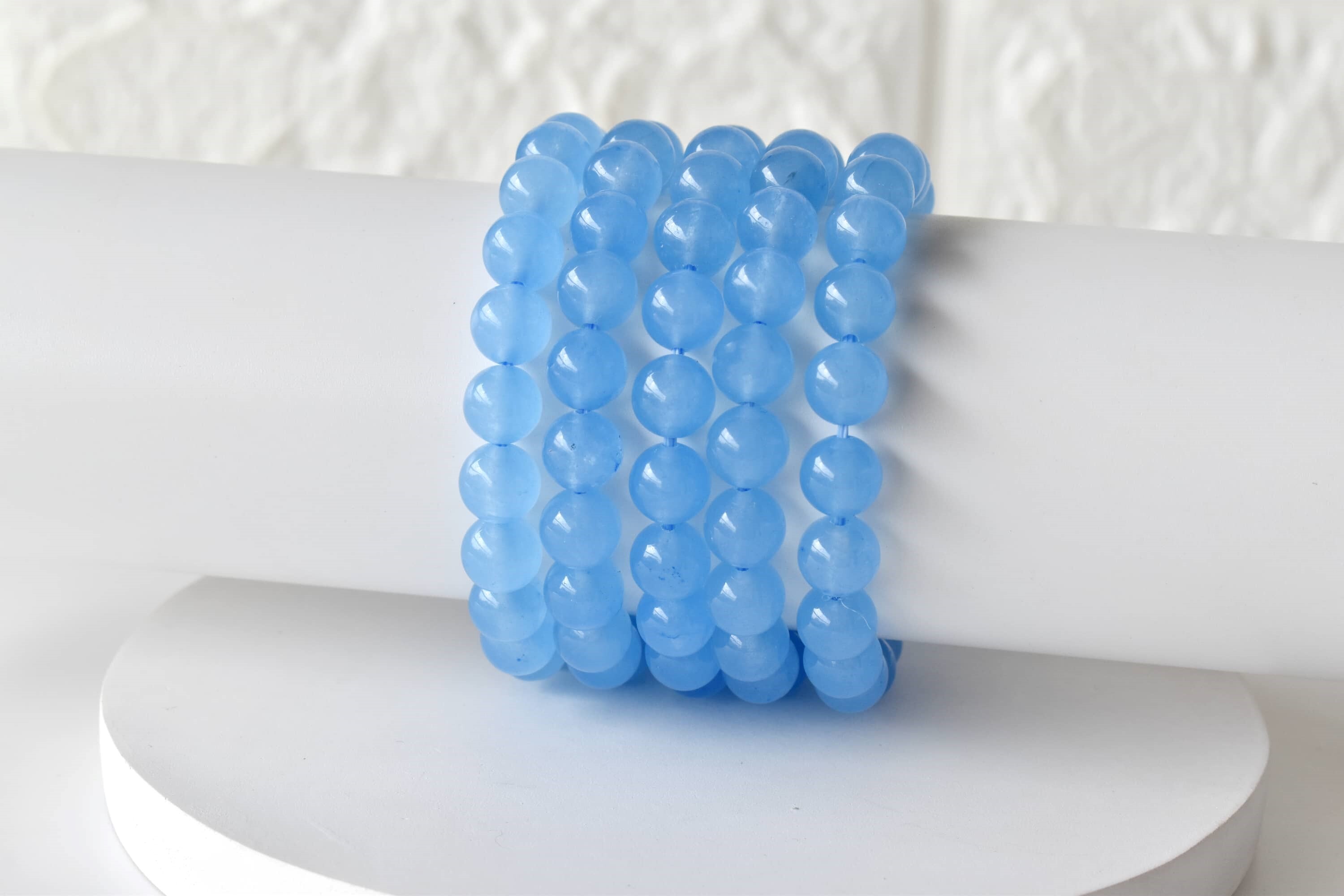 Chalcedony Bracelet - 7-7.5 Inches Blue Natural Gemstone Round Shape 22 Grams Lightweight