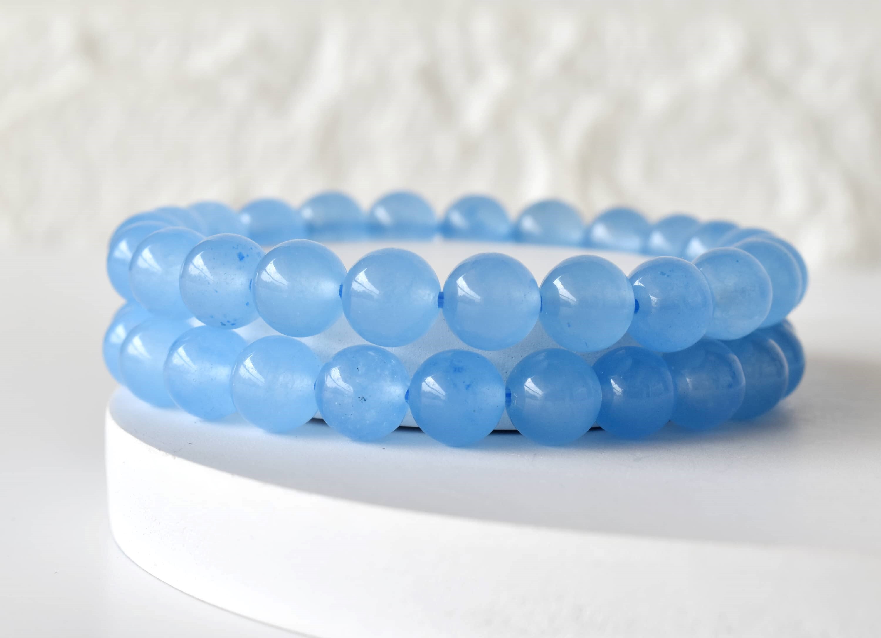 Chalcedony Bracelet - 7-7.5 Inches Blue Natural Gemstone Round Shape 22 Grams Lightweight