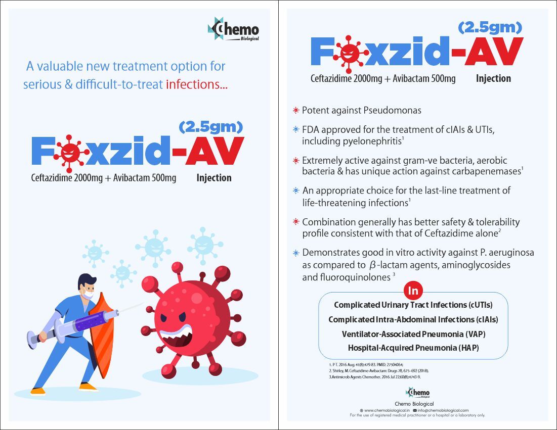 Ceftazidime Penthydrate With Avibactam Sodium Injection - 2000 Mg/500 Mg, Antibiotic Medicine For Treating Abdominal Infections, Pneumonia, Kidney And Urinary Tract Infections In Adults