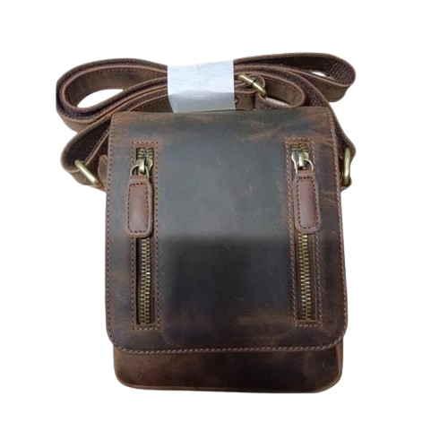 2 Zipper Leather Sling Bag - Color: Dark Brown