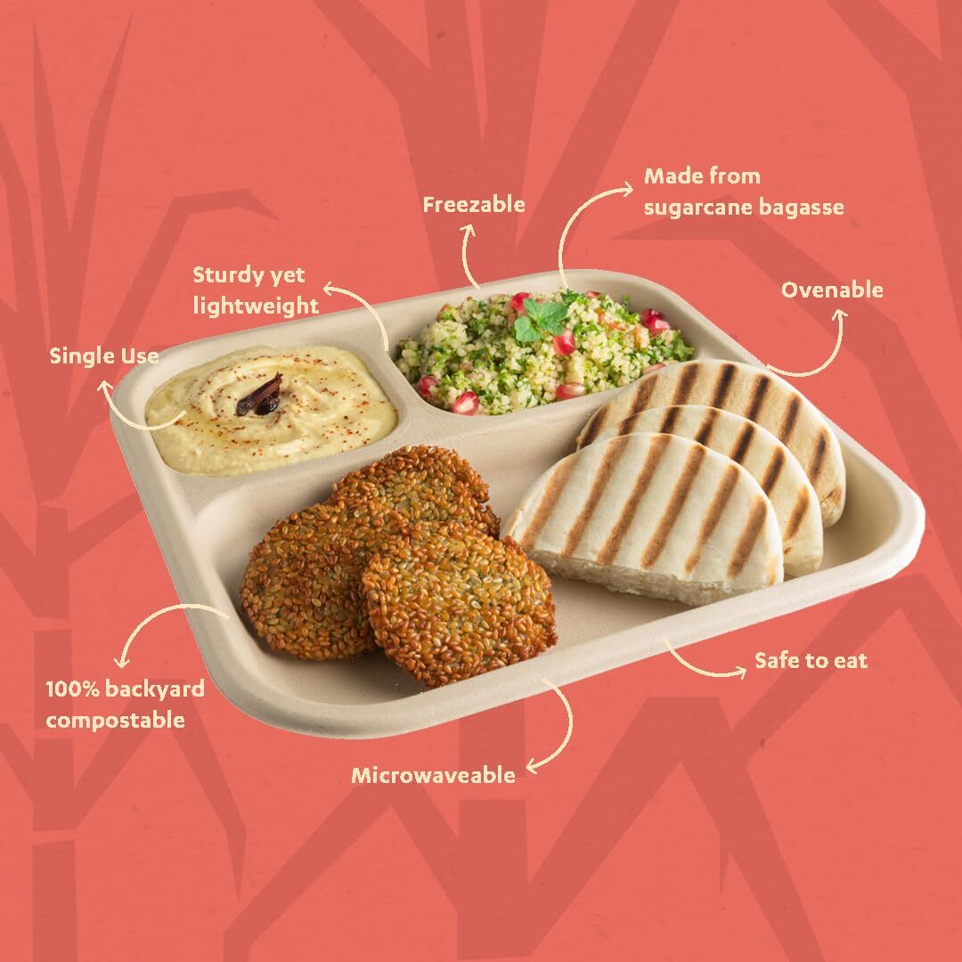 3cp Bagasse Compartmental Disposable Meal Tray - Bagasse Material, 3 Compartment Size, Brown Color | Leak Proof, 100% Compostable, Hygienic Design