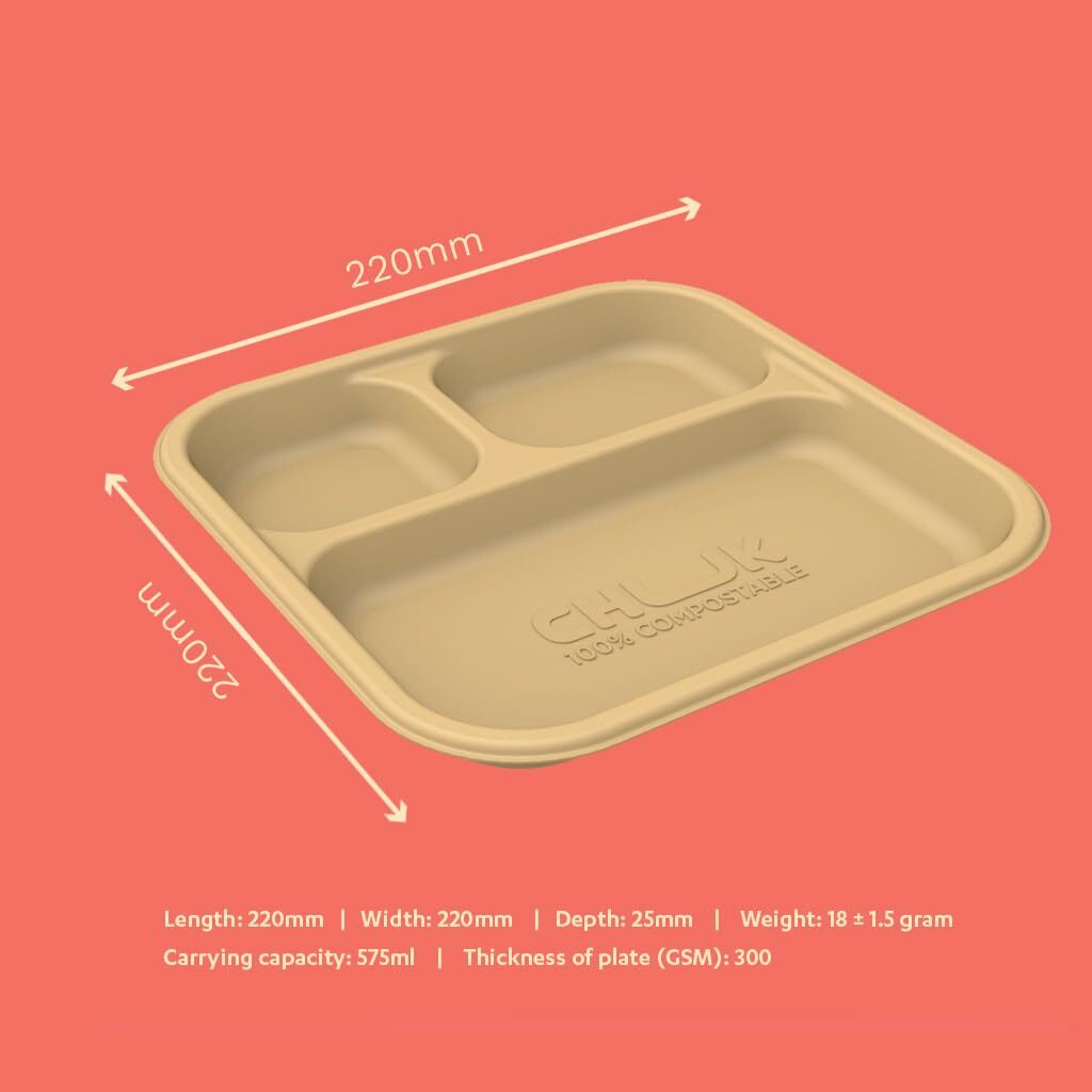 3cp Bagasse Compartmental Disposable Meal Tray - Bagasse Material, 3 Compartment Size, Brown Color | Leak Proof, 100% Compostable, Hygienic Design