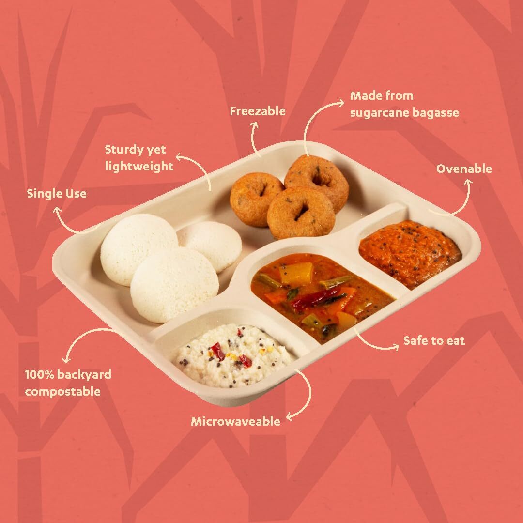 Bagasse Meal Tray - Customized Size, Brown Color | 100% Compostable, Leak-proof, Hygienic, No Toxic Chemicals, 500 Pieces
