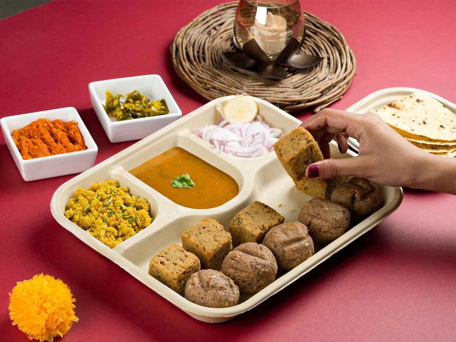 Bagasse Meal Tray - Customized Size, Brown Color | 100% Compostable, Leak-proof, Hygienic, No Toxic Chemicals, 500 Pieces