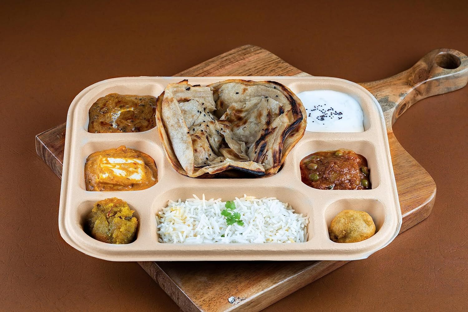 5cp Bagasse Compartmental Disposable Meal Tray - Customized 8cp, Brown Rectangle Dishes & Plates | 100% Compostable, Leak Proof & Hygienic Design