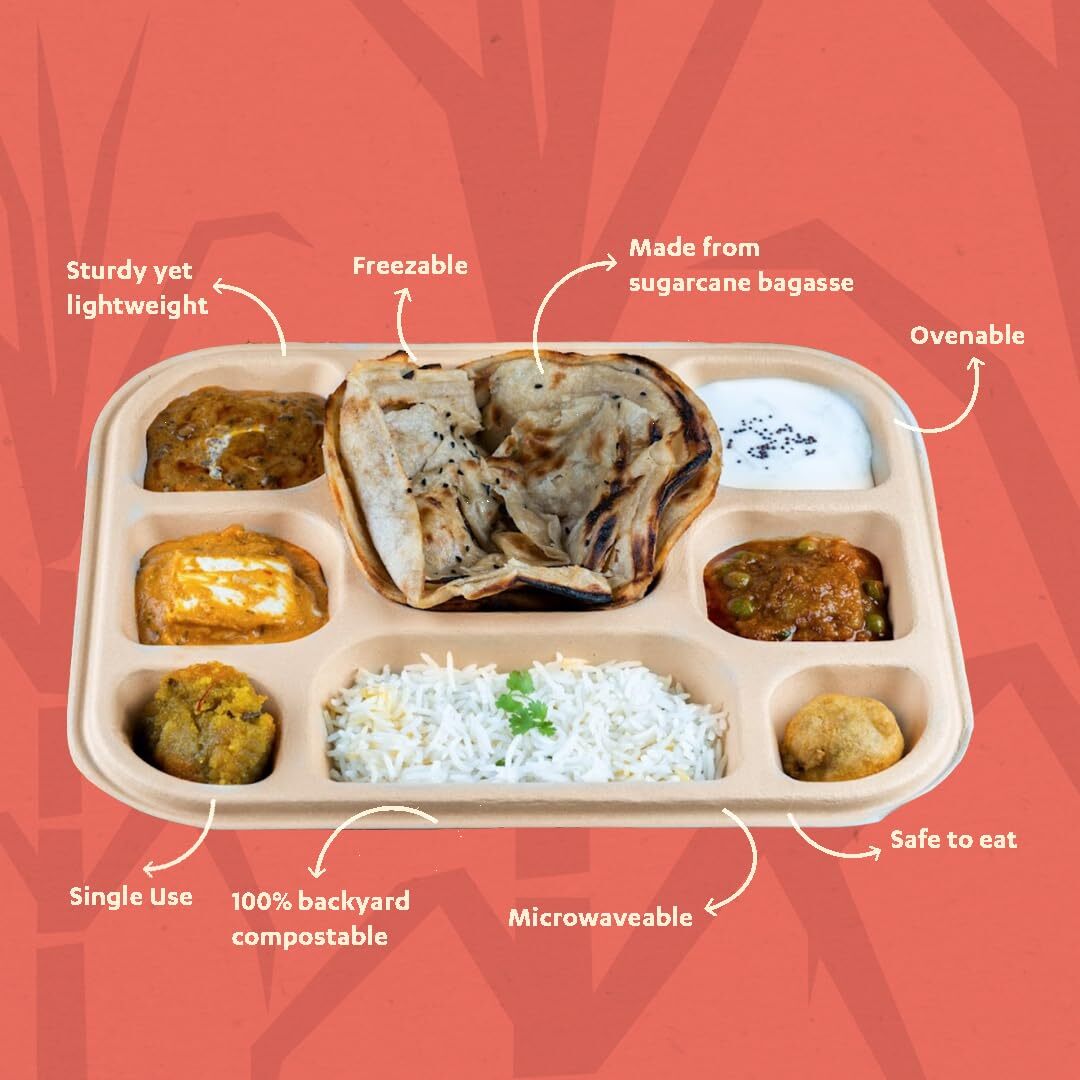 5cp Bagasse Compartmental Disposable Meal Tray - Customized 8cp, Brown Rectangle Dishes & Plates | 100% Compostable, Leak Proof & Hygienic Design