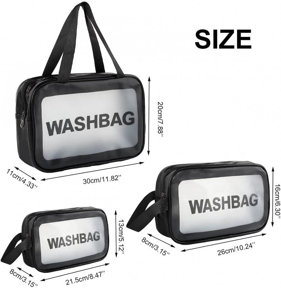 3 Pc Wash Bag - Clear Pvc Material, 11.82"x7.88"x4.33"/10.24"x6.3"x3.15"/8.47"x5.12"x3.15" , Waterproof, Easy To Clean, Transparent Design, Strong Zippers