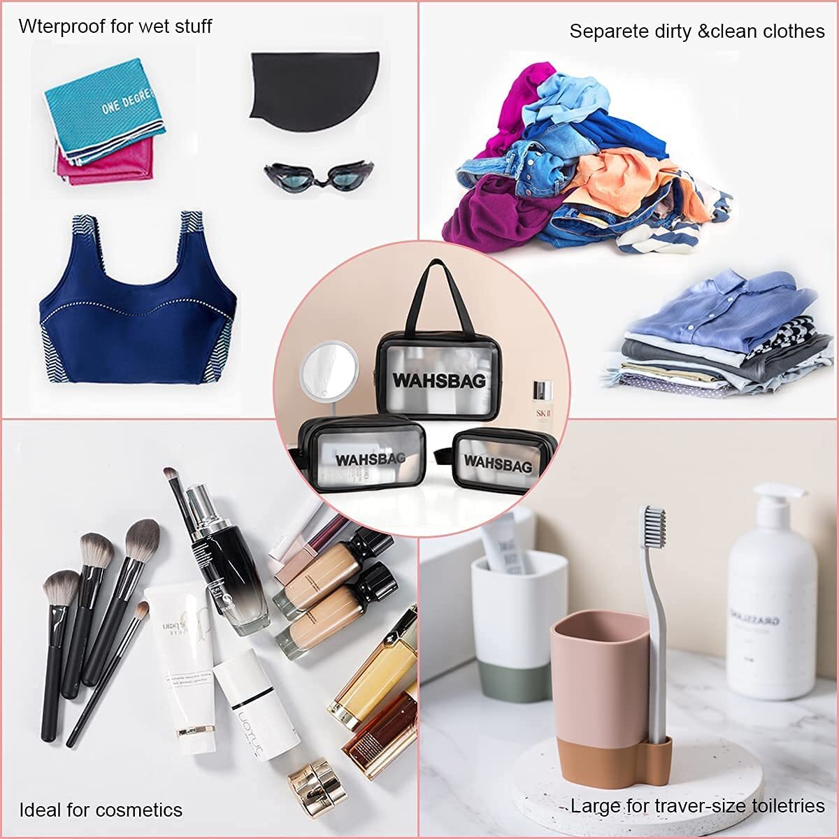 3 Pc Wash Bag - Clear Pvc Material, 11.82"x7.88"x4.33"/10.24"x6.3"x3.15"/8.47"x5.12"x3.15" , Waterproof, Easy To Clean, Transparent Design, Strong Zippers