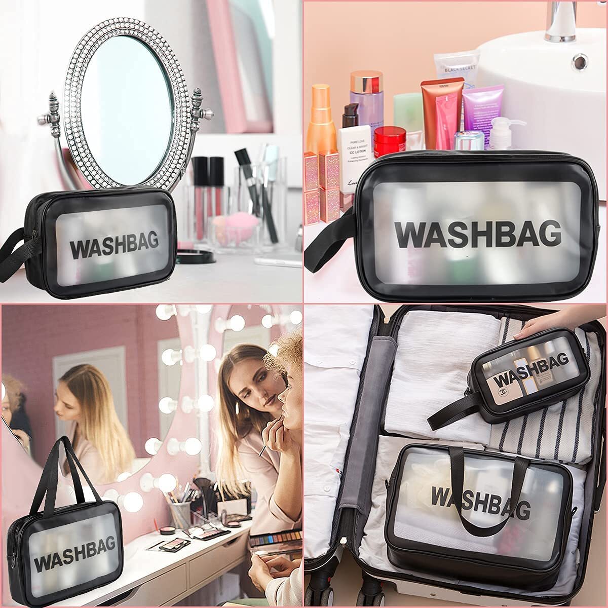 3 Pc Wash Bag - Clear Pvc Material, 11.82"x7.88"x4.33"/10.24"x6.3"x3.15"/8.47"x5.12"x3.15" , Waterproof, Easy To Clean, Transparent Design, Strong Zippers