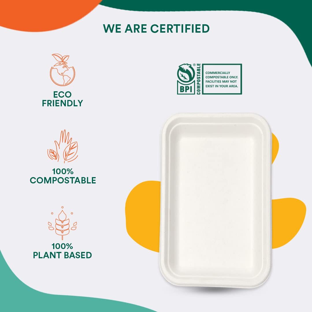 2d Bagasse Sugarcane Paper Tray - 100% Biodegradable, 8x6 Inch White Meal Tray | Eco-friendly, Microwave-safe, Durable For All Occasions