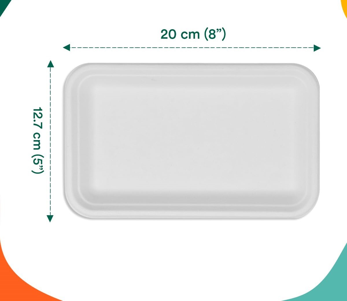 2d Bagasse Sugarcane Paper Tray - 100% Biodegradable, 8x6 Inch White Meal Tray | Eco-friendly, Microwave-safe, Durable For All Occasions