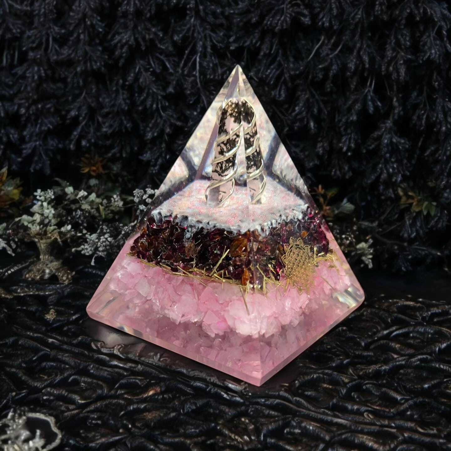 Pyramid For Love Relationship - Crystal Material, Size 90x70 Mm, Weight 270 Gm | Features Rodonite Pencil, Garnet Chips, Rose Quartz Chips