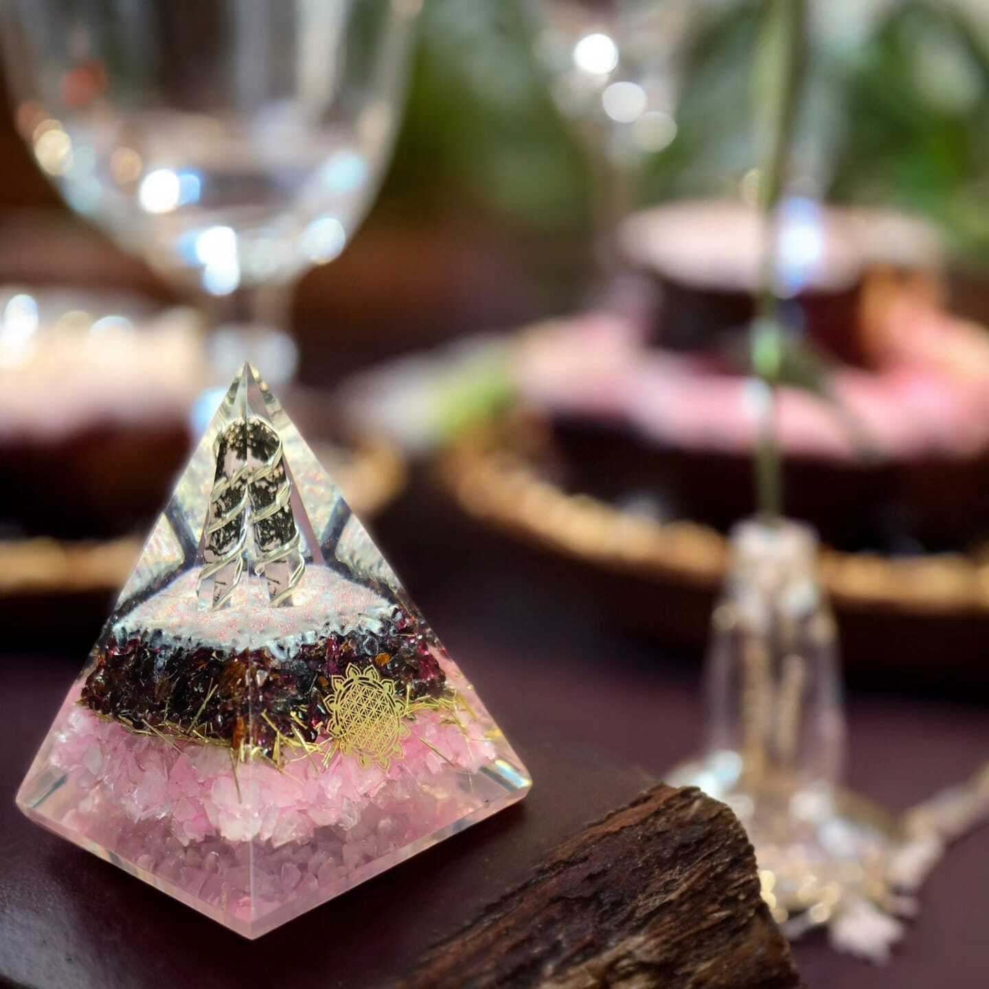 Pyramid For Love Relationship - Crystal Material, Size 90x70 Mm, Weight 270 Gm | Features Rodonite Pencil, Garnet Chips, Rose Quartz Chips