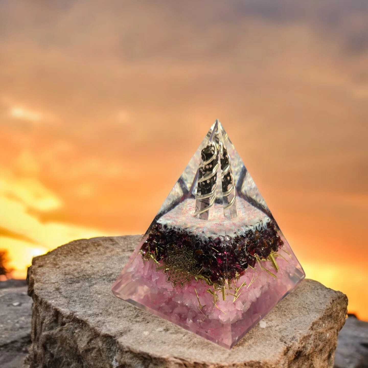 Pyramid For Love Relationship - Crystal Material, Size 90x70 Mm, Weight 270 Gm | Features Rodonite Pencil, Garnet Chips, Rose Quartz Chips