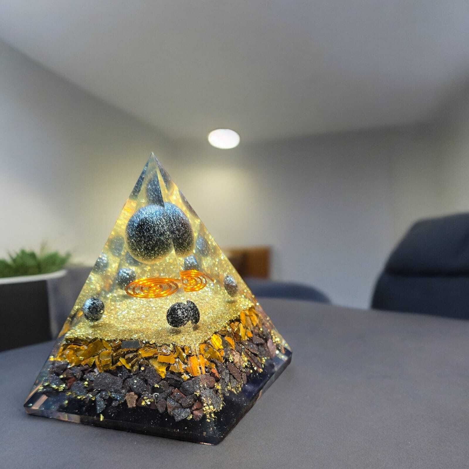 Triple Protection Pyramid - Crystal | 90x70mm Size, 270g Weight, Obsidian Sphere, Lava Beads, Tiger Eye Chips, Hematite Chips