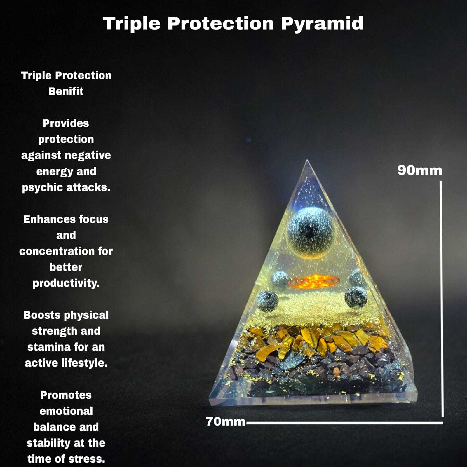 Triple Protection Pyramid - Crystal | 90x70mm Size, 270g Weight, Obsidian Sphere, Lava Beads, Tiger Eye Chips, Hematite Chips