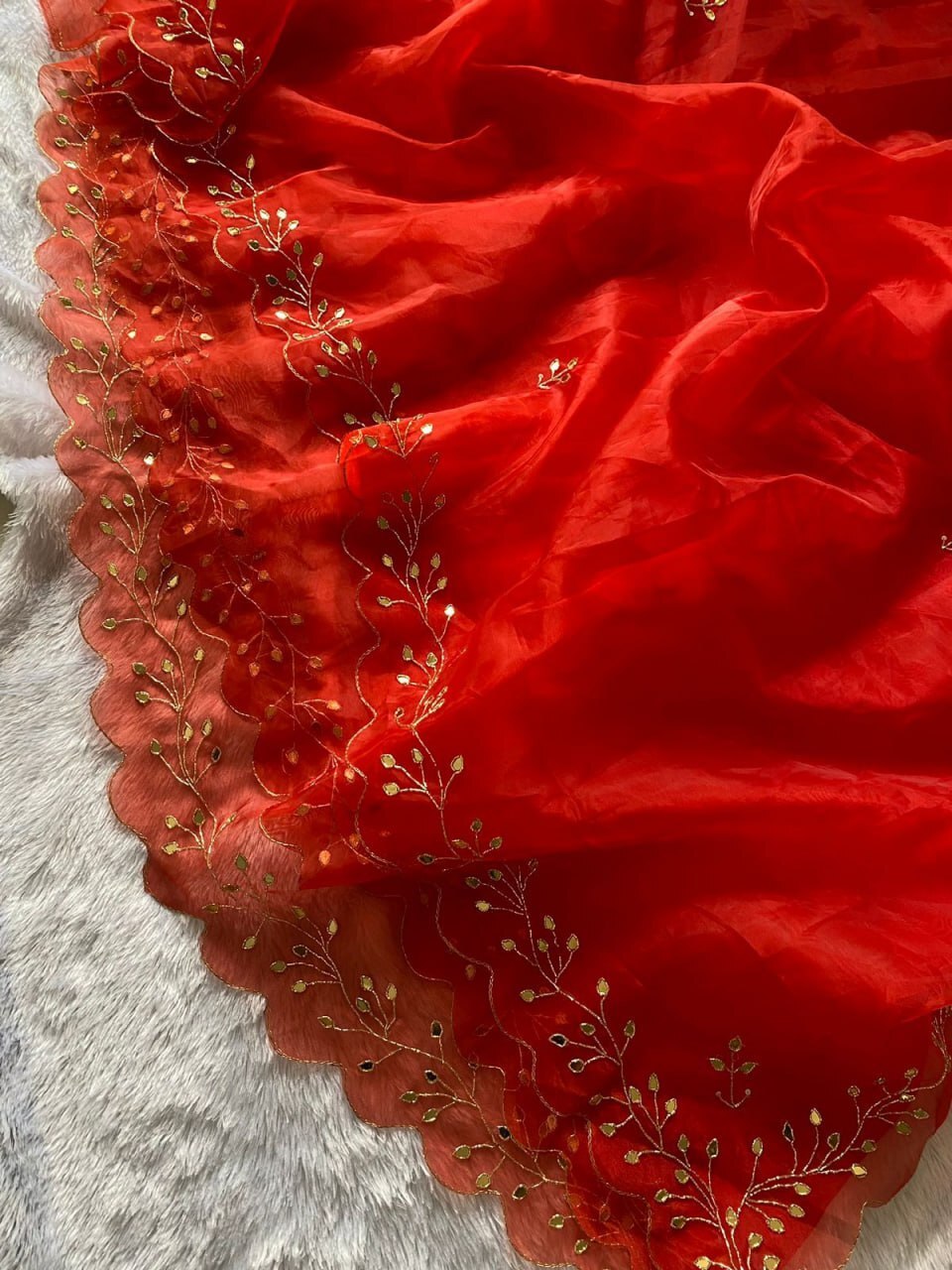 Saree - Organza Fabric, Red Colour | Party Wear With Elegant Sequin Work