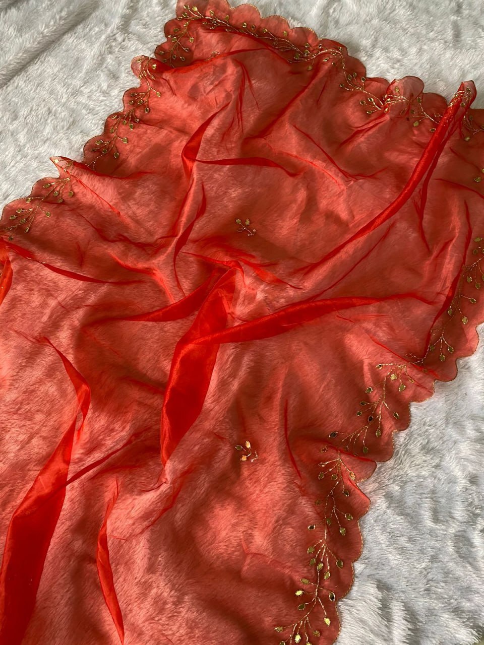 Saree - Organza Fabric, Red Colour | Party Wear With Elegant Sequin Work