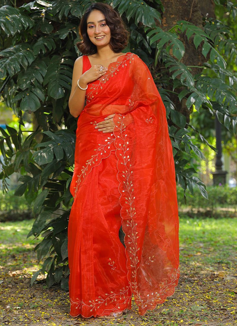 Saree - Organza Fabric, Red Colour | Party Wear With Elegant Sequin Work