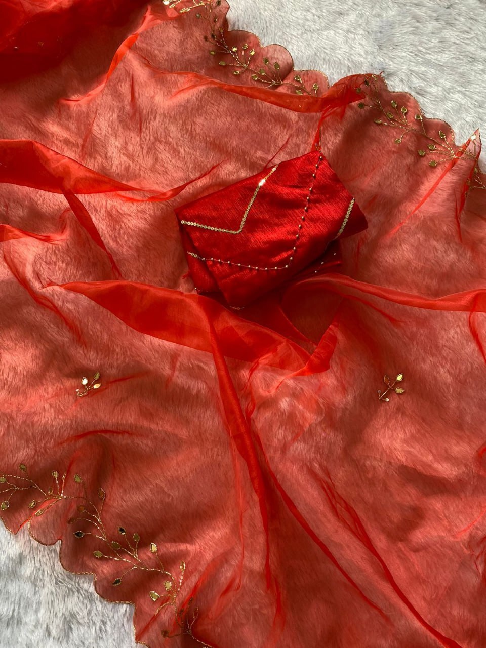 Saree - Organza Fabric, Red Colour | Party Wear With Elegant Sequin Work