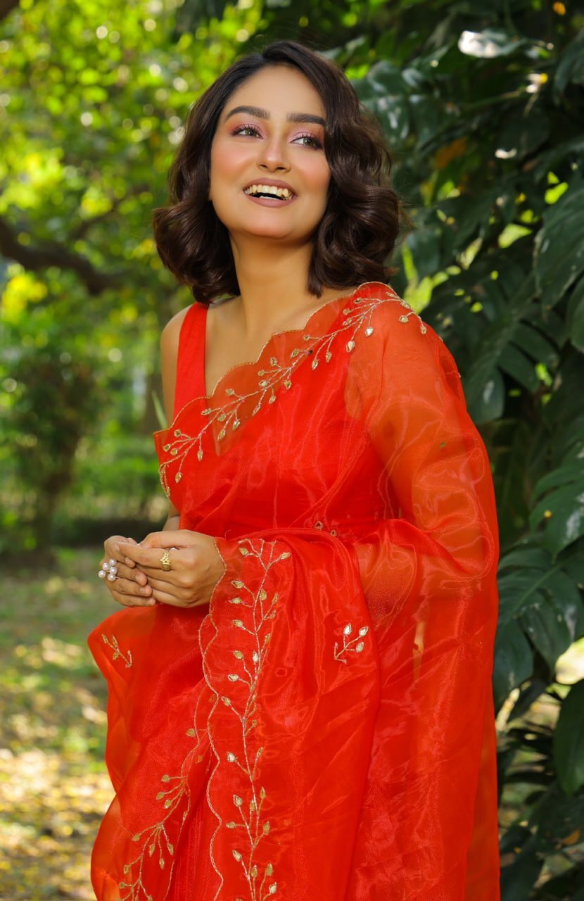 Saree - Organza Fabric, Red Colour | Party Wear With Elegant Sequin Work