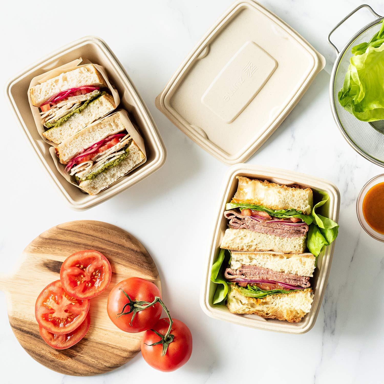 650ml Rectangle Bagasse Food Container With Lid - Eco-friendly, Biodegradable, Oil Resistant, Microwave Safe, Leak-proof Design For Hot & Cold Foods