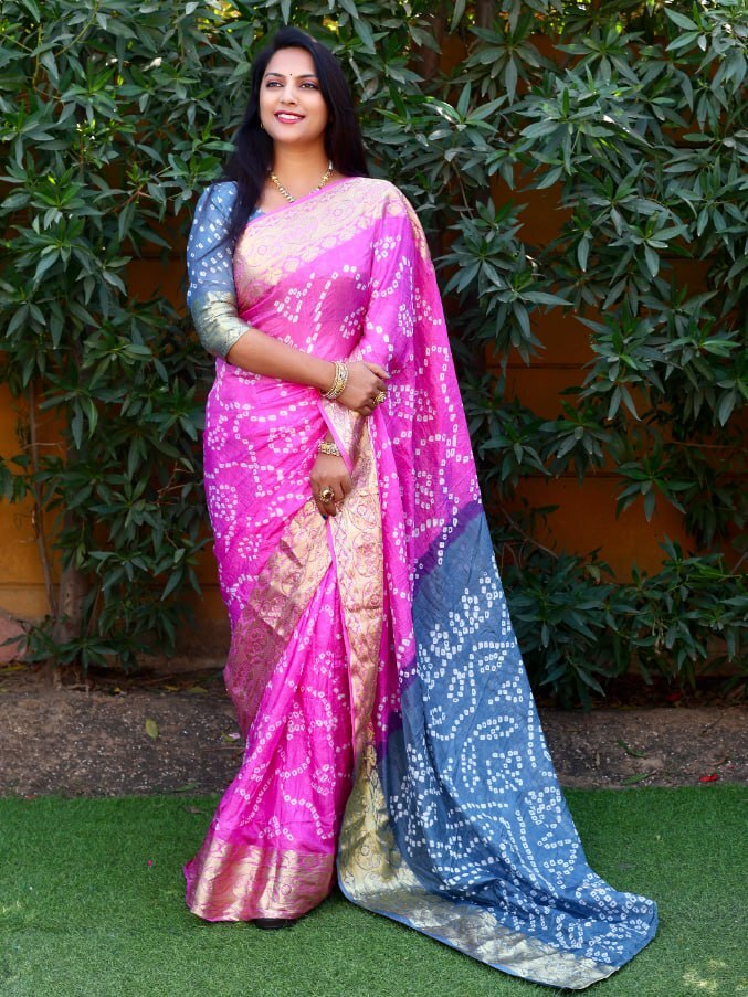 Matka Silk Saree - Pure Bandhej Silk, Standard Size, Blue Color | Elegant Zari Weaving Border, Comfortable Bandhej Drapes With Broad Matka Pattern