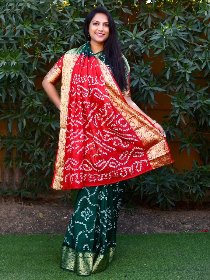 Matka Silk Saree - Pure Bandhej Silk, Standard Size, Blue Color | Elegant Zari Weaving Border, Comfortable Bandhej Drapes With Broad Matka Pattern