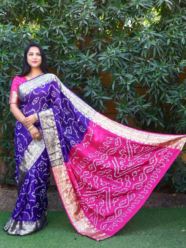 Matka Silk Saree - Pure Bandhej Silk, Standard Size, Blue Color | Elegant Zari Weaving Border, Comfortable Bandhej Drapes With Broad Matka Pattern