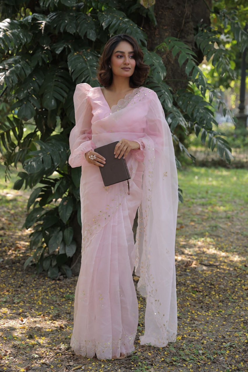 Organza Saree - Sequin Work, Pink Color For Elegant Party Wear