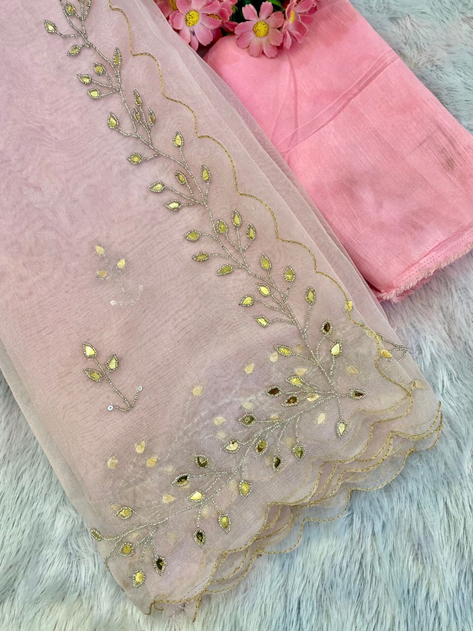 Organza Saree - Sequin Work, Pink Color For Elegant Party Wear