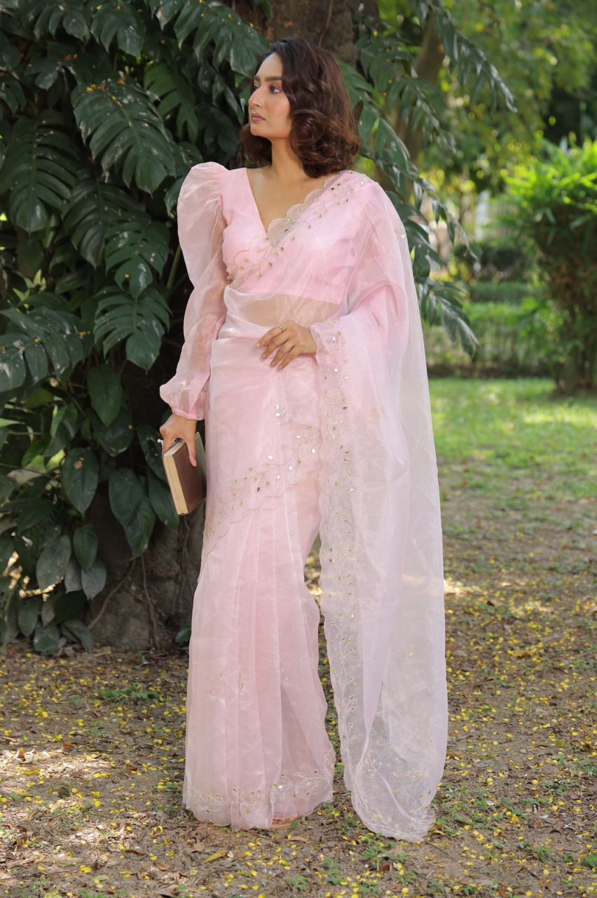 Organza Saree - Sequin Work, Pink Color For Elegant Party Wear