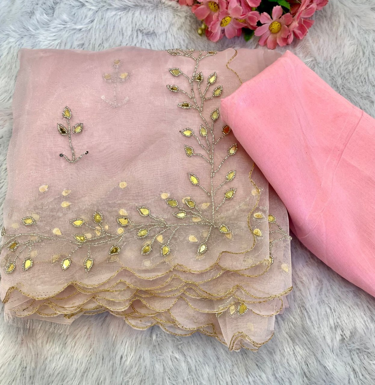 Organza Saree - Sequin Work, Pink Color For Elegant Party Wear