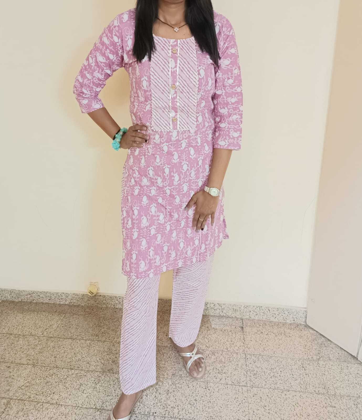 Pure Jaipuri Printed Kurti Pant Set - Cotton Fabric Sizes M/38 To Xxl/44 Color: Malti 40 Inches Length 3-4th Sleeve Style Casual Daily Wear Washable