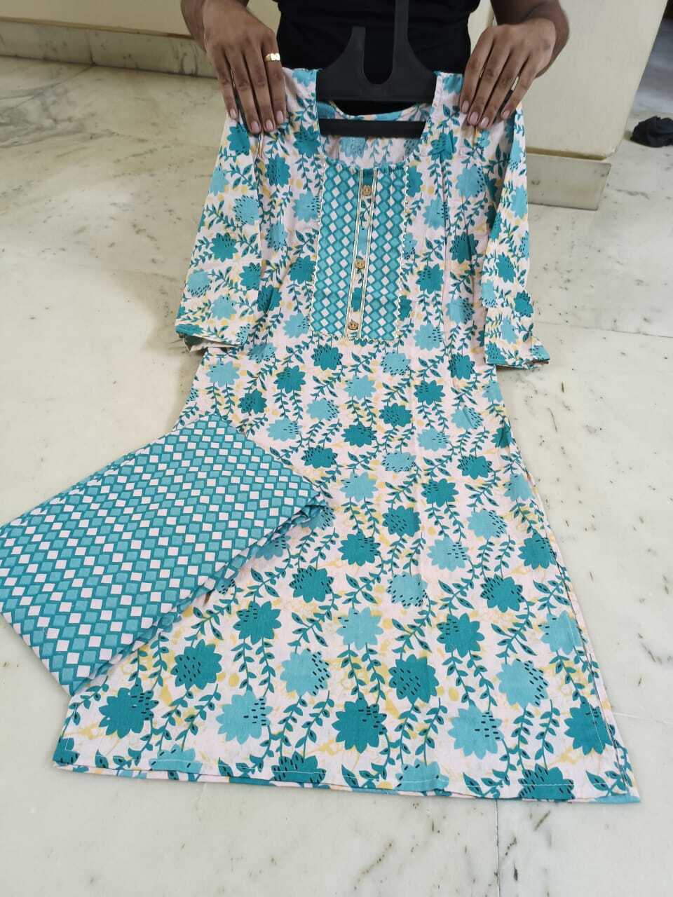 Pure Jaipuri Printed Kurti Pant Set - Cotton Fabric Sizes M/38 To Xxl/44 Color: Malti 40 Inches Length 3-4th Sleeve Style Casual Daily Wear Washable