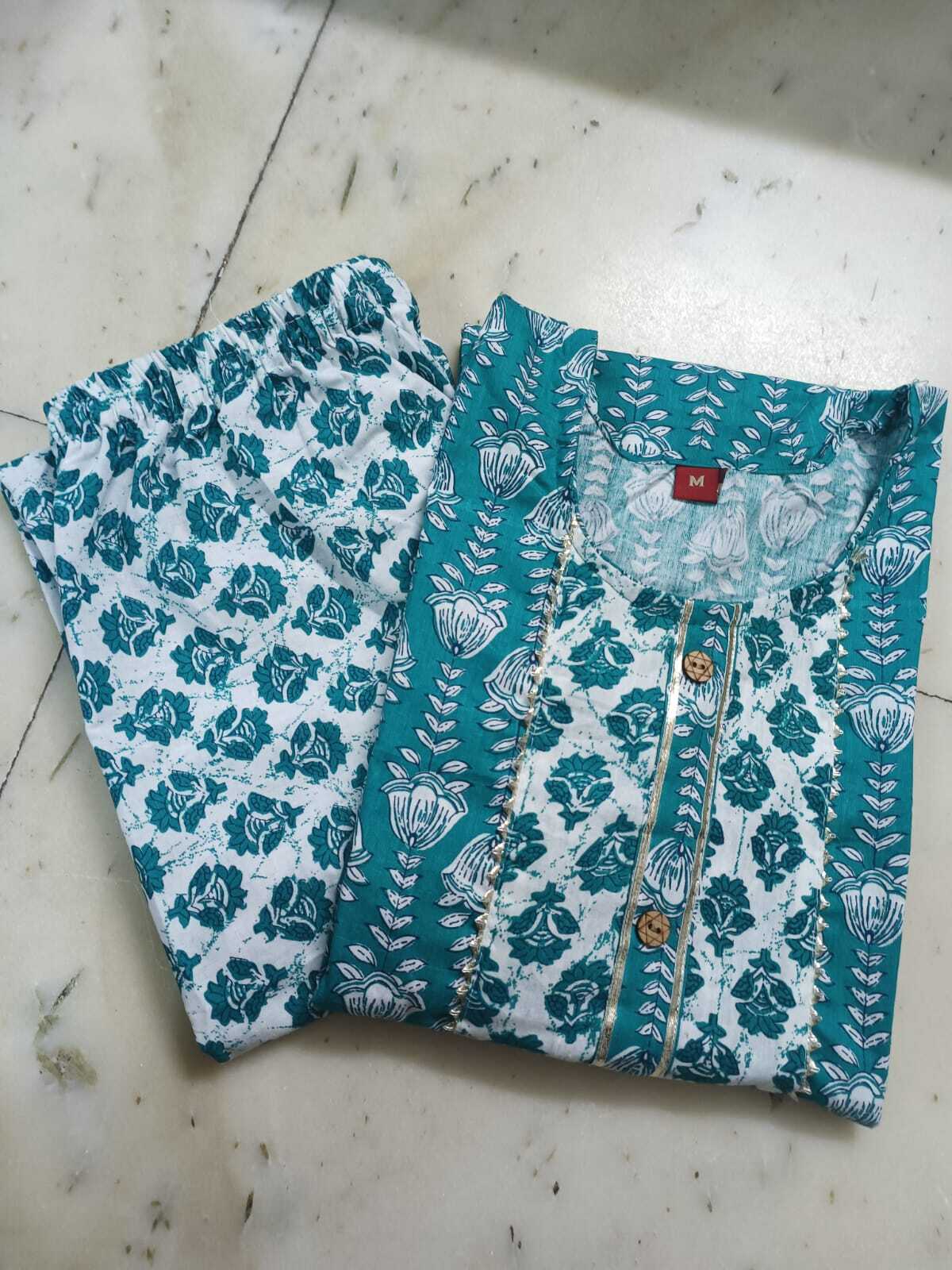 Jaipuri Printed Kurti Pant Set Sky - Cotton Fabric Sizes M/38 L/40 Xl/42 Xxl/44 Length 40 Inches | 3-4th Sleeve Printed Design Washable Summer Wear Laces Detail