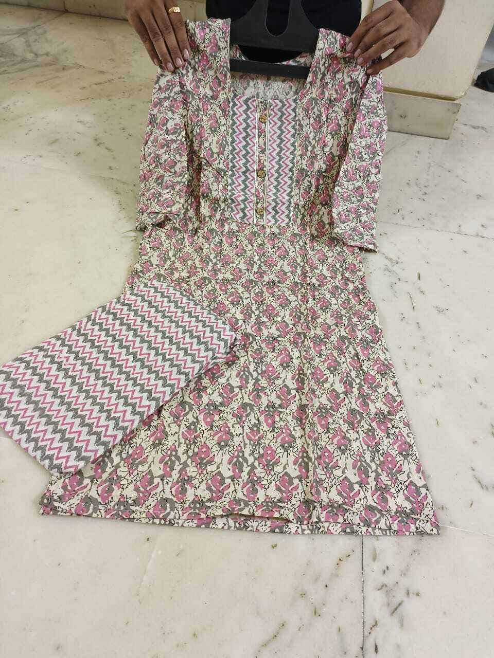 Jaipuri Printed Kurti Pant Set Sky - Cotton Fabric Sizes M/38 L/40 Xl/42 Xxl/44 Length 40 Inches | 3-4th Sleeve Printed Design Washable Summer Wear Laces Detail