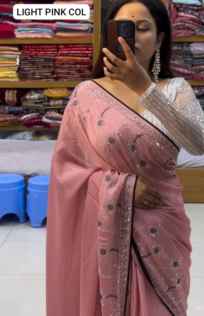 Chinon Chiffon Party Wear Saree - Elegant Black & Silver Beaded Design, White Latkan Blouse With All Over Work