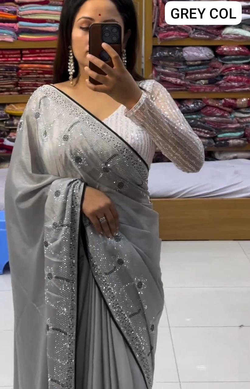 Chinon Chiffon Party Wear Saree - Elegant Black & Silver Beaded Design, White Latkan Blouse With All Over Work
