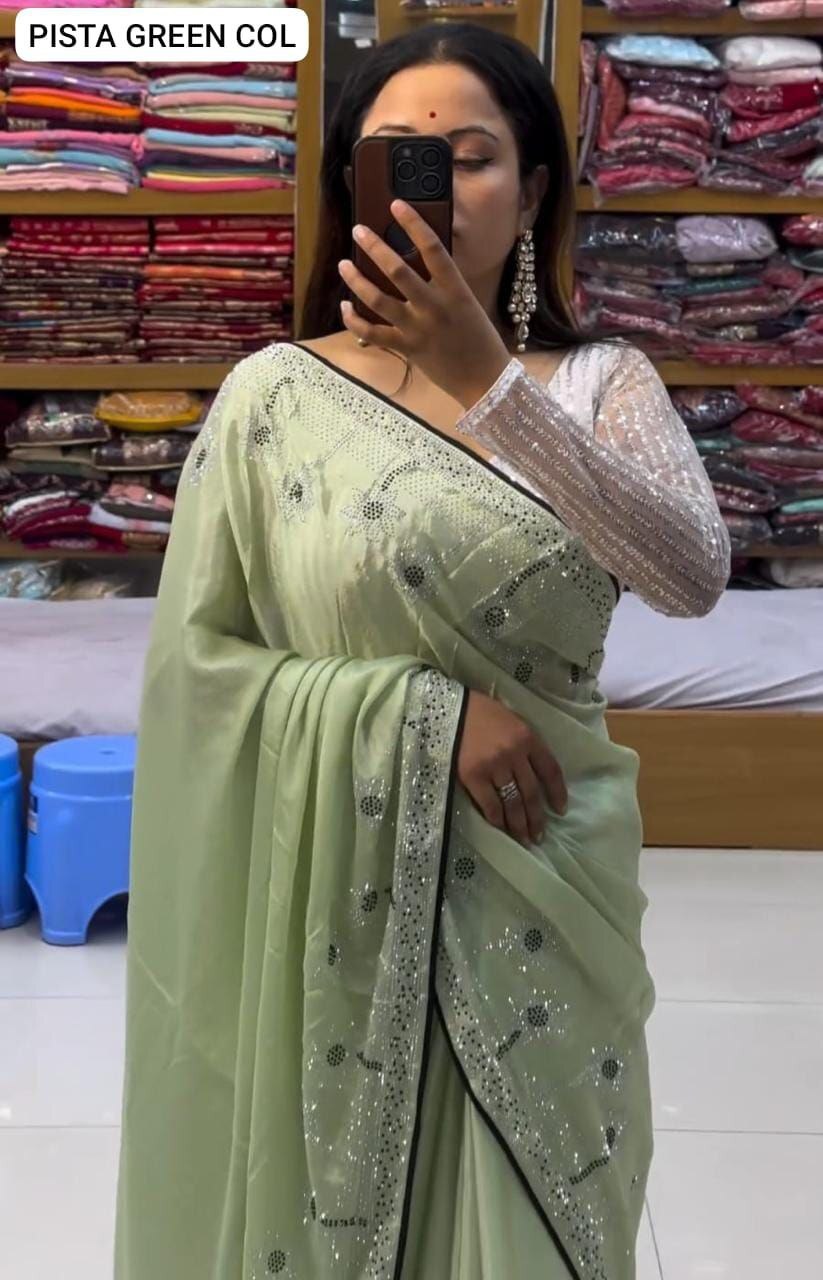 Chinon Chiffon Party Wear Saree - Elegant Black & Silver Beaded Design, White Latkan Blouse With All Over Work