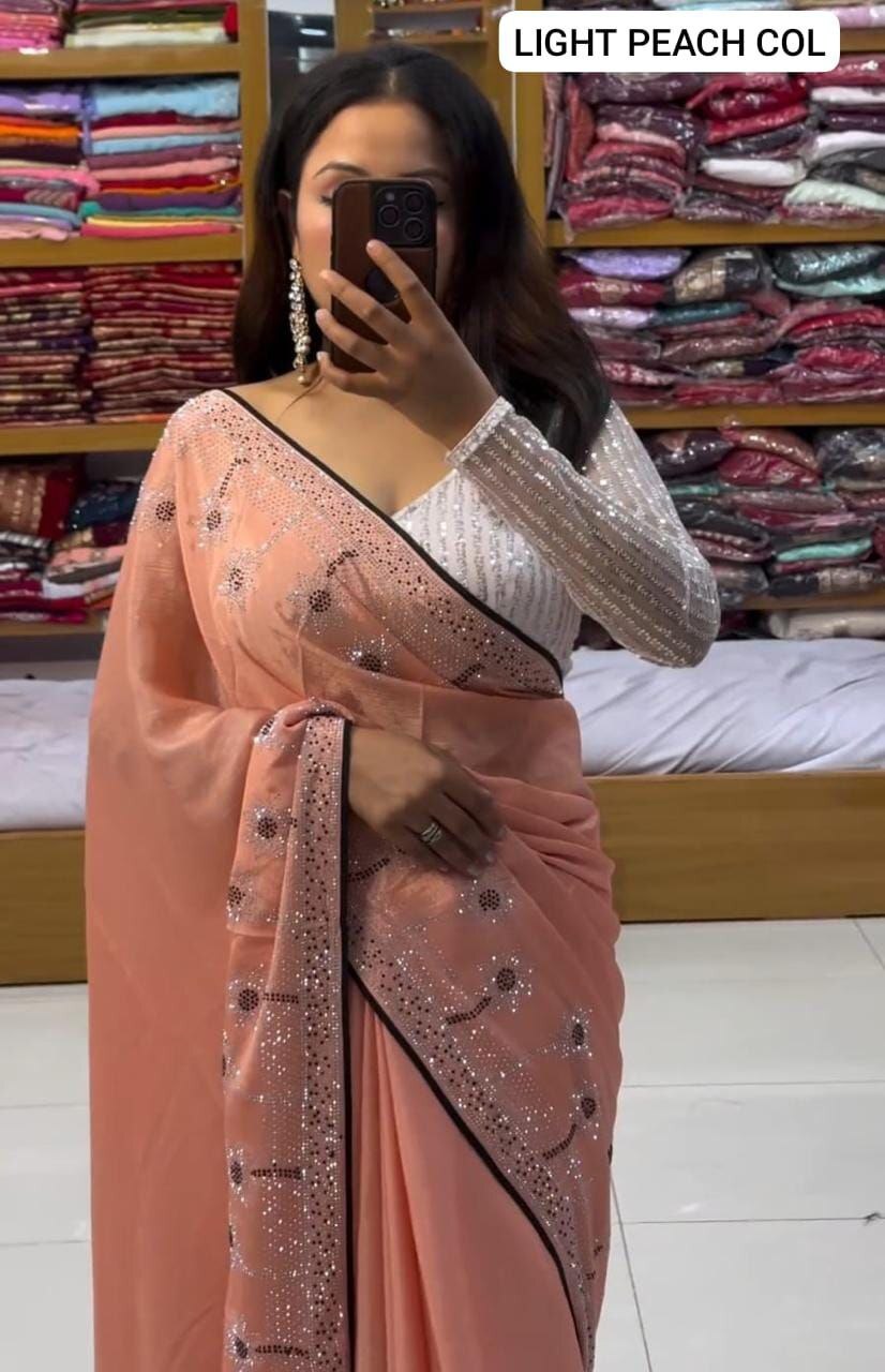 Chinon Chiffon Party Wear Saree - Elegant Black & Silver Beaded Design, White Latkan Blouse With All Over Work