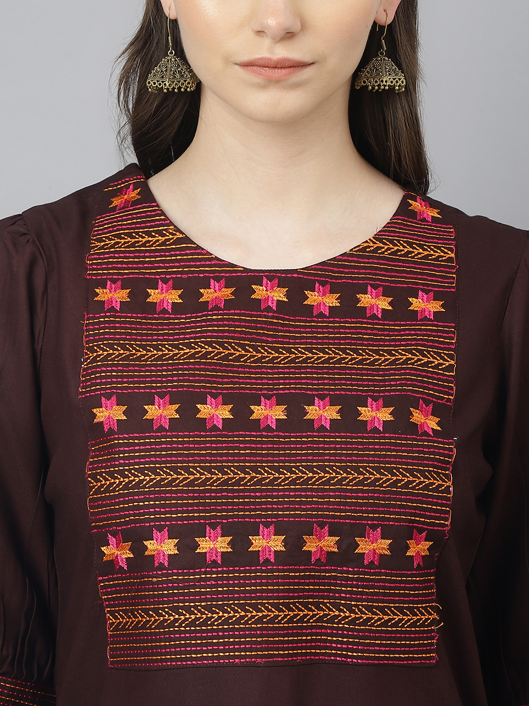 Ladies Top - Cotton Rayon Fabric, Size S To Xxl, Mahroon Color | Casual Short Kurti With Full Sleeves, Handwork Embroidery, All Season Wear