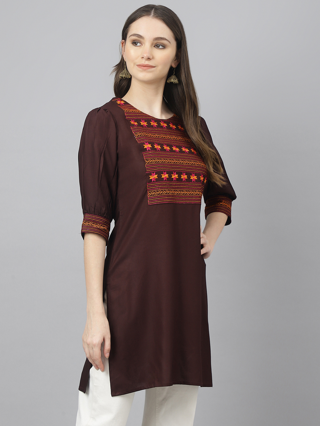 Ladies Top - Cotton Rayon Fabric, Size S To Xxl, Mahroon Color | Casual Short Kurti With Full Sleeves, Handwork Embroidery, All Season Wear