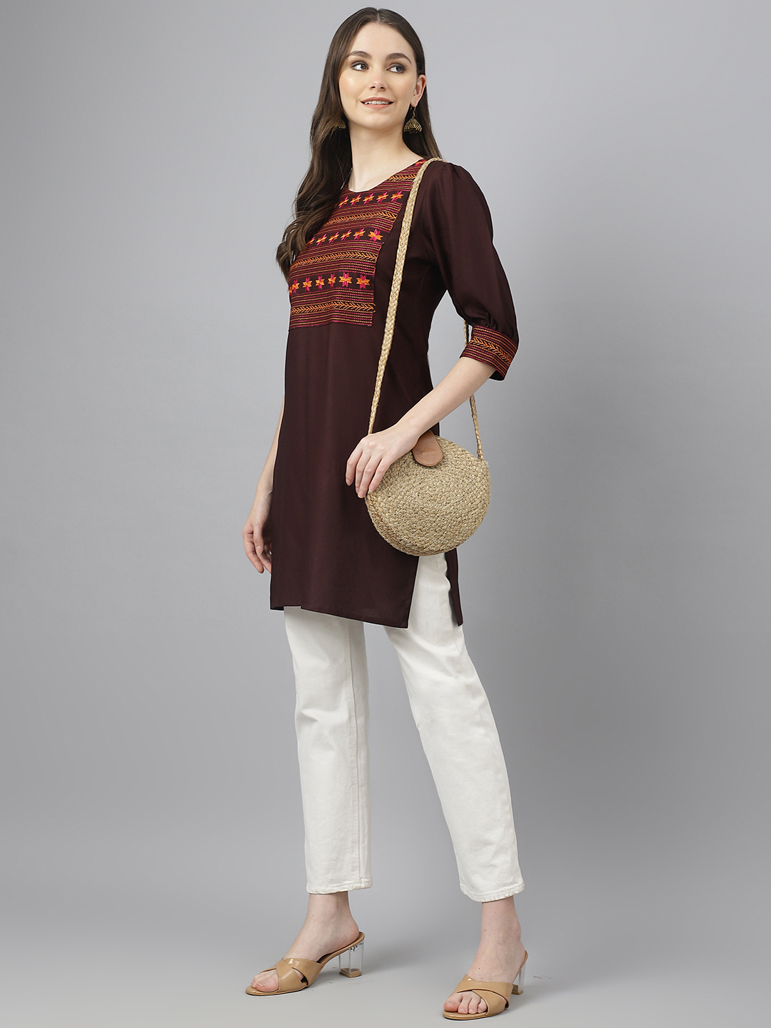 Ladies Top - Cotton Rayon Fabric, Size S To Xxl, Mahroon Color | Casual Short Kurti With Full Sleeves, Handwork Embroidery, All Season Wear