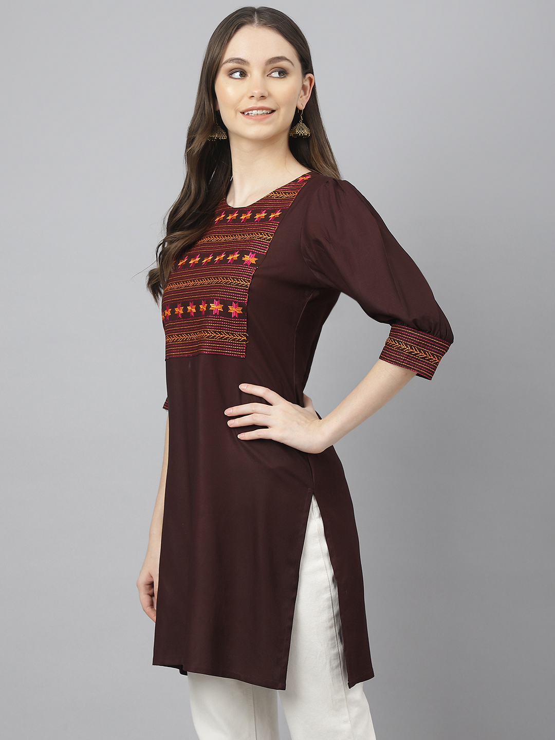 Ladies Top - Cotton Rayon Fabric, Size S To Xxl, Mahroon Color | Casual Short Kurti With Full Sleeves, Handwork Embroidery, All Season Wear