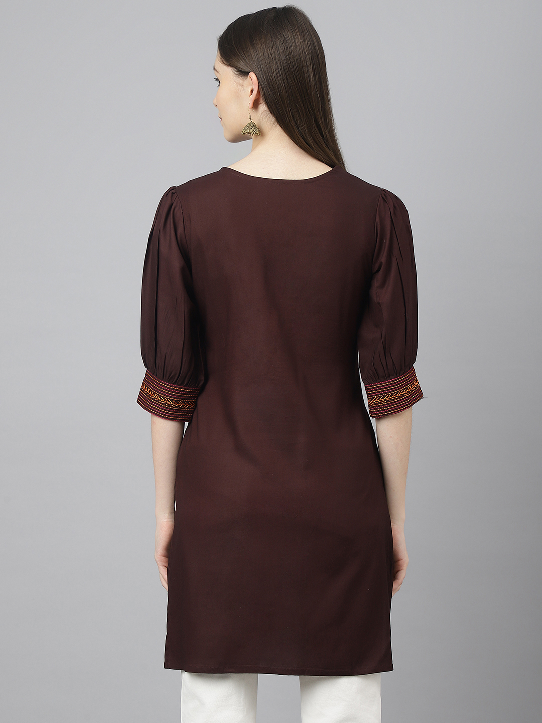 Ladies Top - Cotton Rayon Fabric, Size S To Xxl, Mahroon Color | Casual Short Kurti With Full Sleeves, Handwork Embroidery, All Season Wear